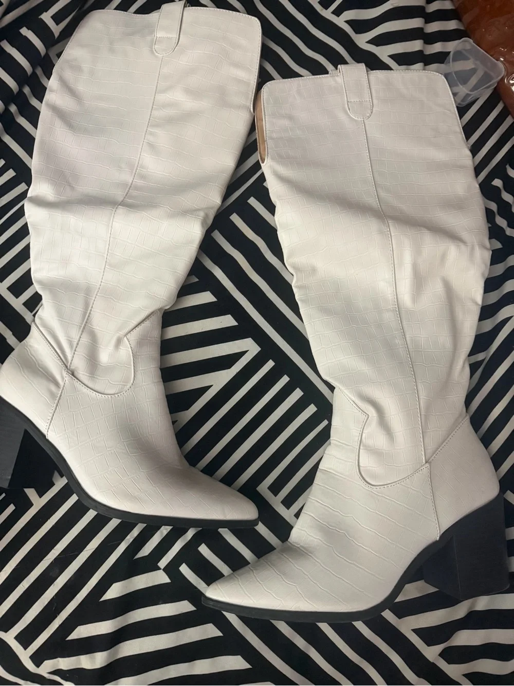 White Croc-Embossed Knee-High Western Boots